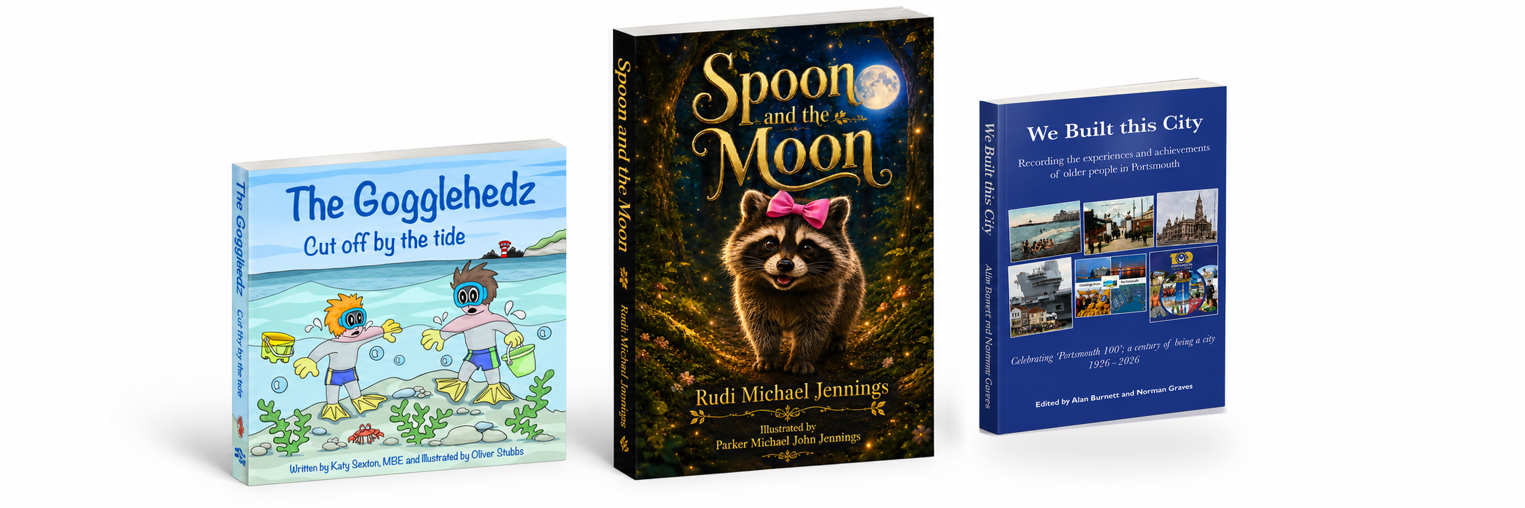 Three Tricorn Books publications: The Gogglehedz, a thin illustrated children's book; Spoon and the Moon, a taller A4-style illustrated book; and We Built This City, a 198 by 129 mm paperback.