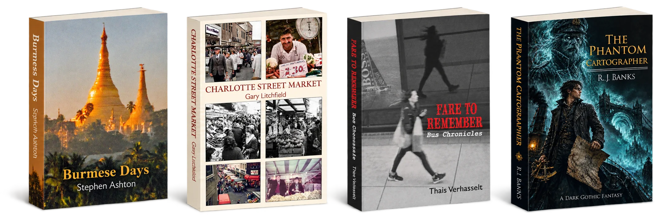 Four books produced by Tricorn Books: Burmese Days, Charlotte Street Market, Fare to Remember and The Phantom Cartographer