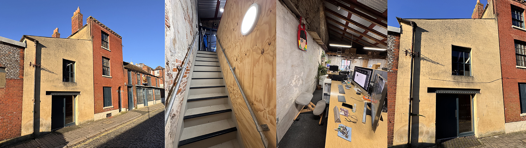 Tricorn Books at the historic Treadgolds building in Portsea, including the exterior, staircase and publishing studio